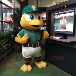 Forest Green Butter Chicken mascot costume character dressed with a Baseball Tee and Digital watches