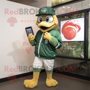 Forest Green Butter Chicken mascot costume character dressed with a Baseball Tee and Digital watches