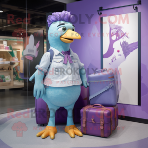Purple Dove mascot costume character dressed with a Mom Jeans and Wallets