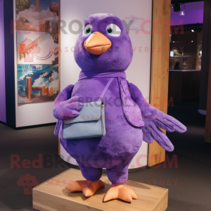 Purple Dove mascot costume character dressed with a Mom Jeans and Wallets