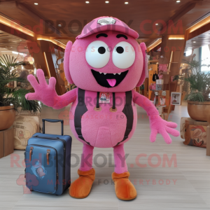 Pink Spider mascot costume character dressed with a Corduroy Pants and Messenger bags