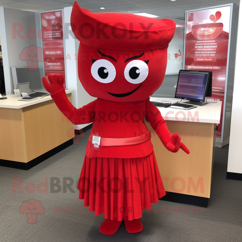 Red Pho mascot costume character dressed with a Pencil Skirt and Cummerbunds