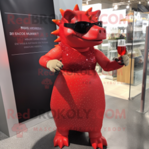 Red Ankylosaurus mascot costume character dressed with a Cocktail Dress and Sunglasses