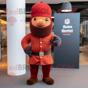 Rust British Royal Guard mascot costume character dressed with a Sweatshirt and Beanies
