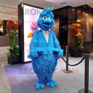 Blue Fried Chicken mascot costume character dressed with a Evening Gown and Tie pins