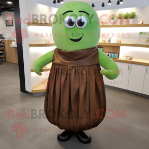 Brown Cucumber mascot costume character dressed with a Maxi Skirt and Cufflinks