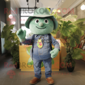 Forest Green Raspberry mascot costume character dressed with a Denim Shirt and Hats