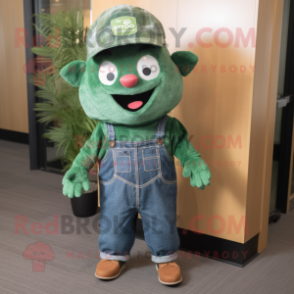 Forest Green Raspberry mascot costume character dressed with a Denim Shirt and Hats