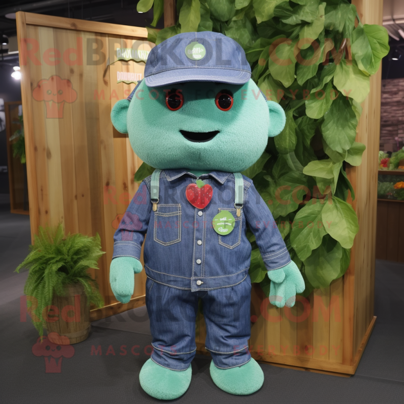 Forest Green Raspberry mascot costume character dressed with a Denim Shirt and Hats