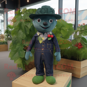 Forest Green Raspberry mascot costume character dressed with a Denim Shirt and Hats