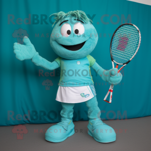 Turquoise Tennis Racket mascot costume character dressed with a T-Shirt and Belts