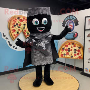 Black Pizza Slice mascot costume character dressed with a Jumpsuit and Shawls