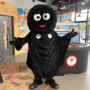Black Pizza Slice mascot costume character dressed with a Jumpsuit and Shawls