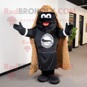 Black Pizza Slice mascot costume character dressed with a Jumpsuit and Shawls