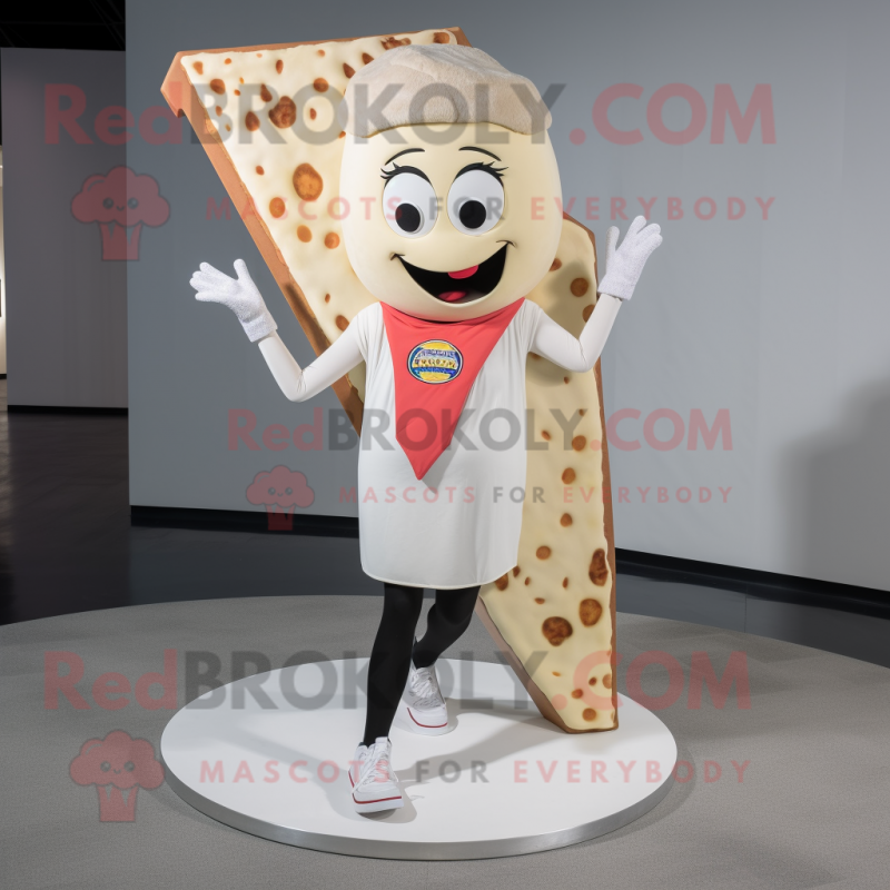 Cream Pizza Slice mascot costume character dressed with a Yoga Pants and Necklaces