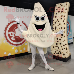 Cream Pizza Slice mascot costume character dressed with a Yoga Pants and Necklaces