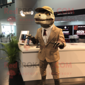 Beige Allosaurus mascot costume character dressed with a Blazer and Digital watches