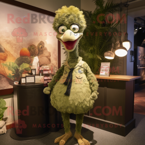 Olive Ostrich mascot costume character dressed with a Henley Tee and Suspenders