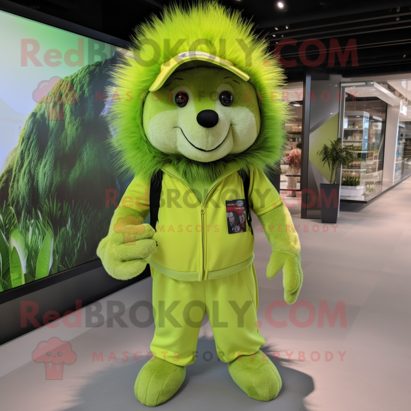 Lime Green Porcupine mascot costume character dressed with a Jumpsuit and Berets