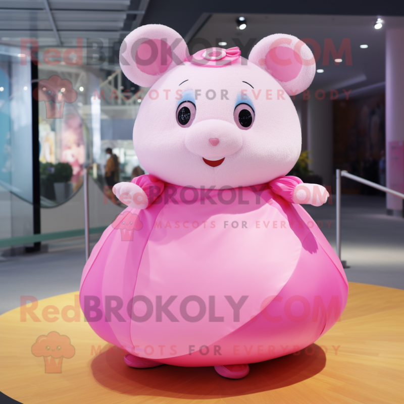 Pink Hamster mascot costume character dressed with a Circle Skirt and Cummerbunds