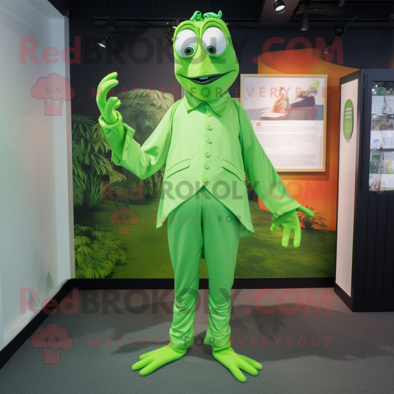 Lime Green Stilt Walker mascot costume character dressed with a Poplin Shirt and Brooches