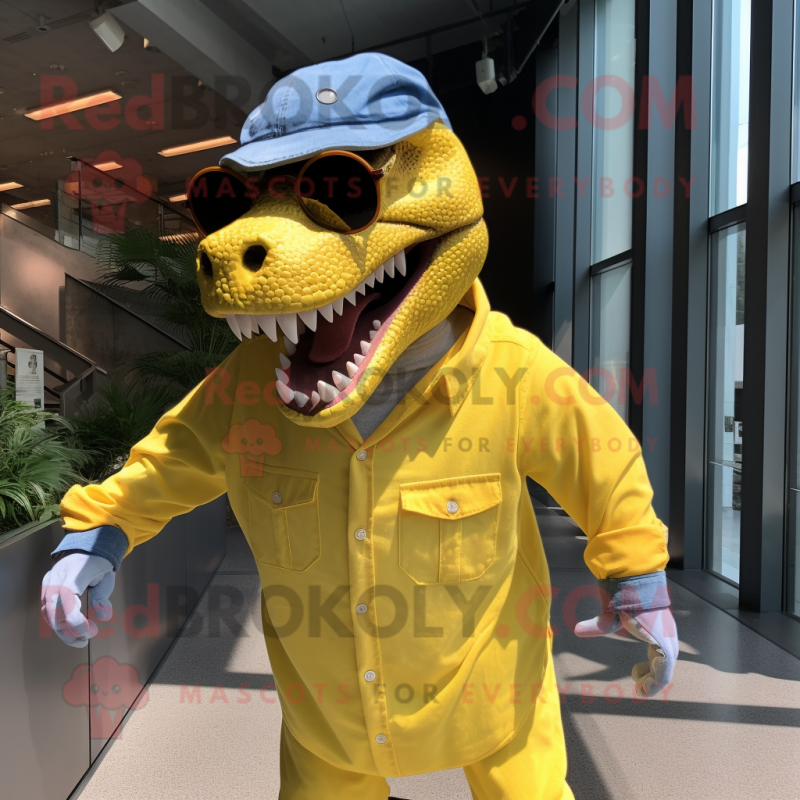 Yellow T Rex mascot costume character dressed with a Chambray Shirt and Sunglasses