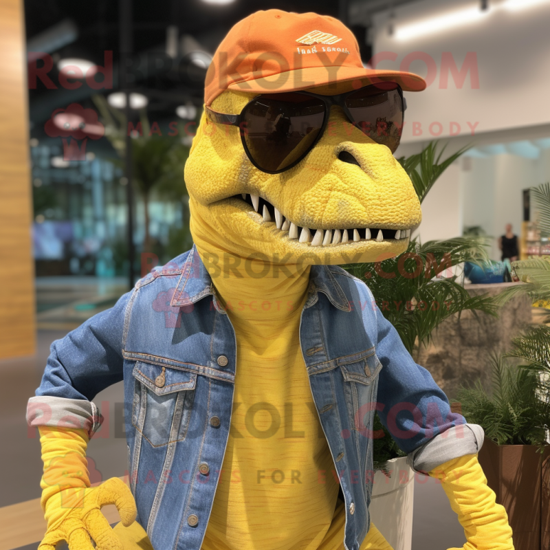 Yellow T Rex mascot costume character dressed with a Chambray Shirt and Sunglasses