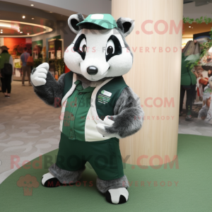 Forest Green Badger mascot costume character dressed with a Overalls and Coin purses