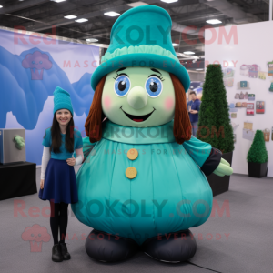 Cyan Leprechaun mascot costume character dressed with a Maxi Dress and Beanies