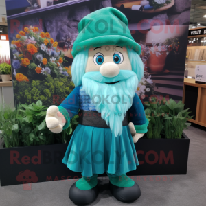 Cyan Leprechaun mascot costume character dressed with a Maxi Dress and Beanies