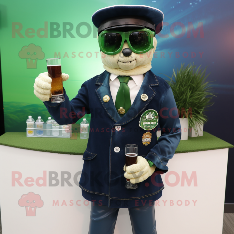 Navy Green Beer mascot costume character dressed with a Blazer and Sunglasses