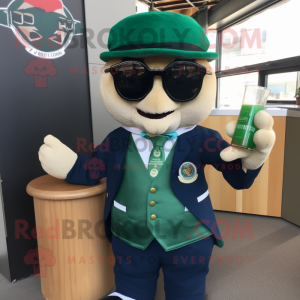 Navy Green Beer mascot costume character dressed with a Blazer and Sunglasses