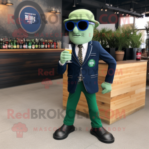 Navy Green Beer mascot costume character dressed with a Blazer and Sunglasses