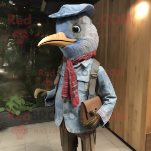 Lavender Woodpecker mascot costume character dressed with a Denim Shirt and Belts