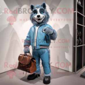 Sky Blue Werewolf mascot costume character dressed with a Leather Jacket and Handbags