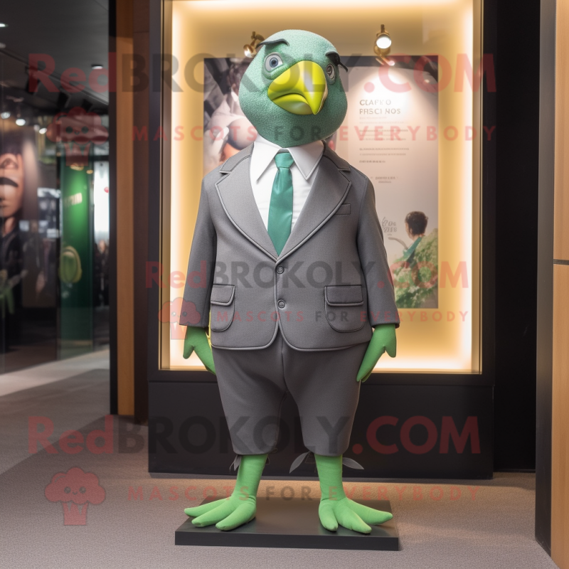 Forest Green Pigeon mascot costume character dressed with a Suit Pants and Hair clips