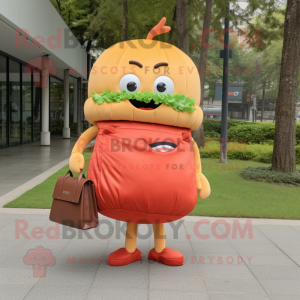 Orange Hamburger mascot costume character dressed with a Dress Pants and Tote bags