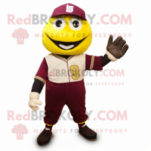 Maroon Lemon mascot costume character dressed with a Baseball Tee and Gloves