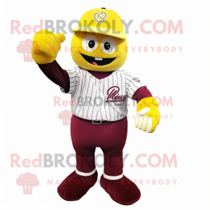 Maroon Lemon mascot costume character dressed with a Baseball Tee and Gloves