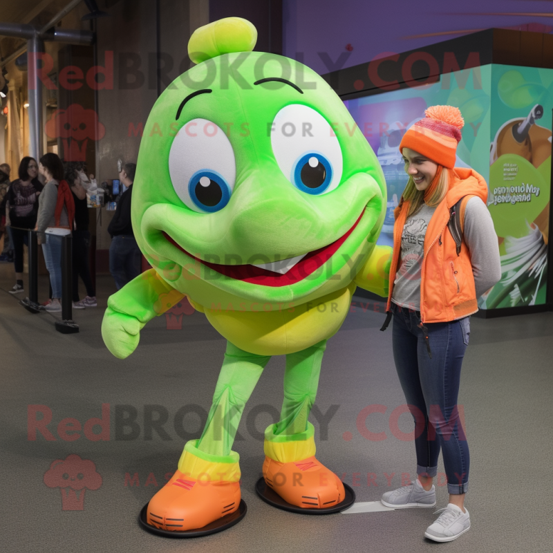 Lime Green Clown Fish mascot costume character dressed with a Skinny Jeans and Shoe laces