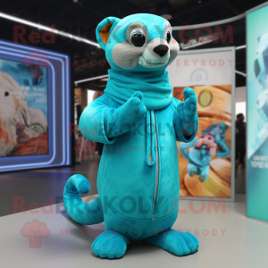 Cyan Mongoose mascot costume character dressed with a Cover-up and Shoe laces