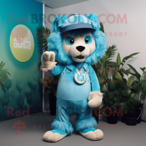 Cyan Tamer Lion mascot costume character dressed with a Romper and Hats