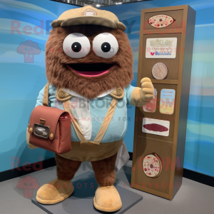 Brown Sushi mascot costume character dressed with a Chambray Shirt and Wallets