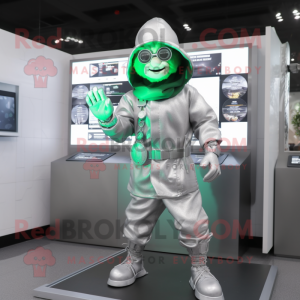 Silver Leprechaun mascot costume character dressed with a Hoodie and Smartwatches