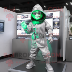 Silver Leprechaun mascot costume character dressed with a Hoodie and Smartwatches