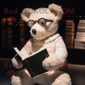 White Teddy Bear mascot costume character dressed with a Sweater and Reading glasses
