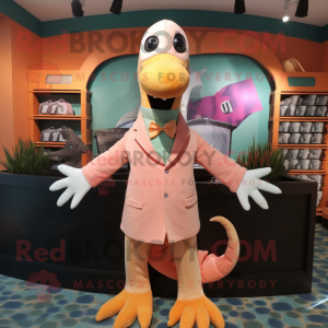 Peach Loch Ness Monster mascot costume character dressed with a Suit Jacket and Hairpins