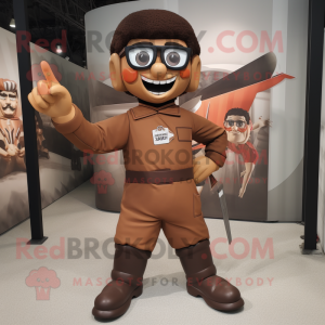 Brown Knife Thrower mascot costume character dressed with a Jumpsuit and Eyeglasses