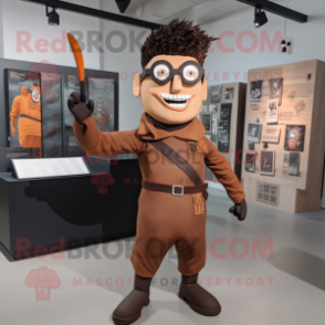 Brown Knife Thrower mascot costume character dressed with a Jumpsuit and Eyeglasses