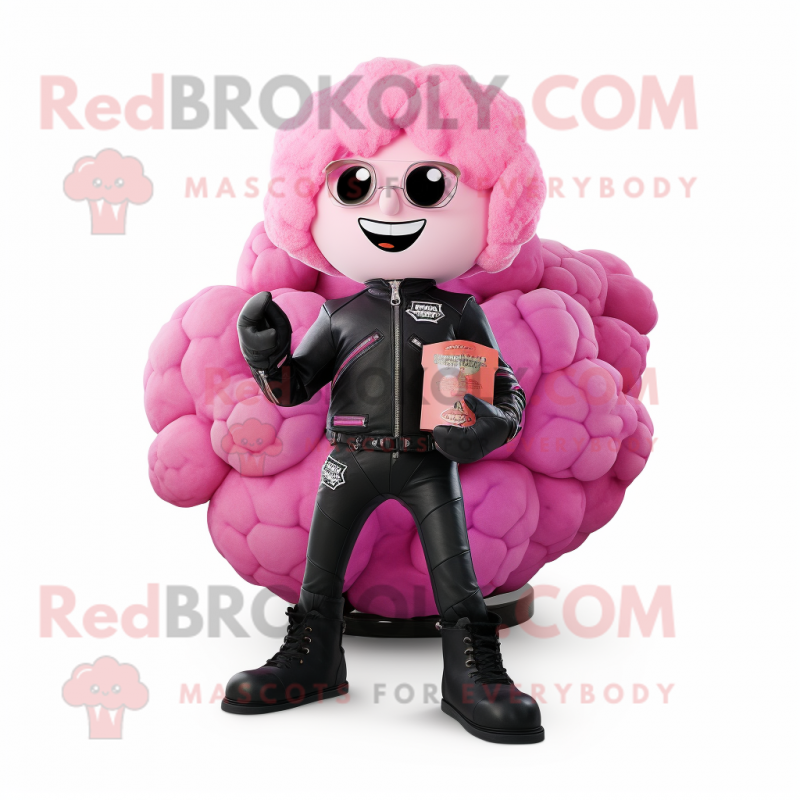 Pink Cauliflower mascot costume character dressed with a Biker Jacket and Coin purses